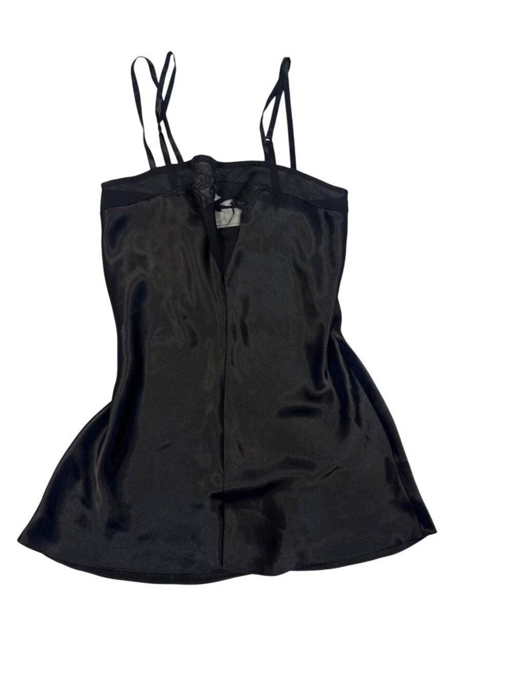 Vintage Black Satin Chemise Nightgown With Sheer Floral Neckline Sexy Classic